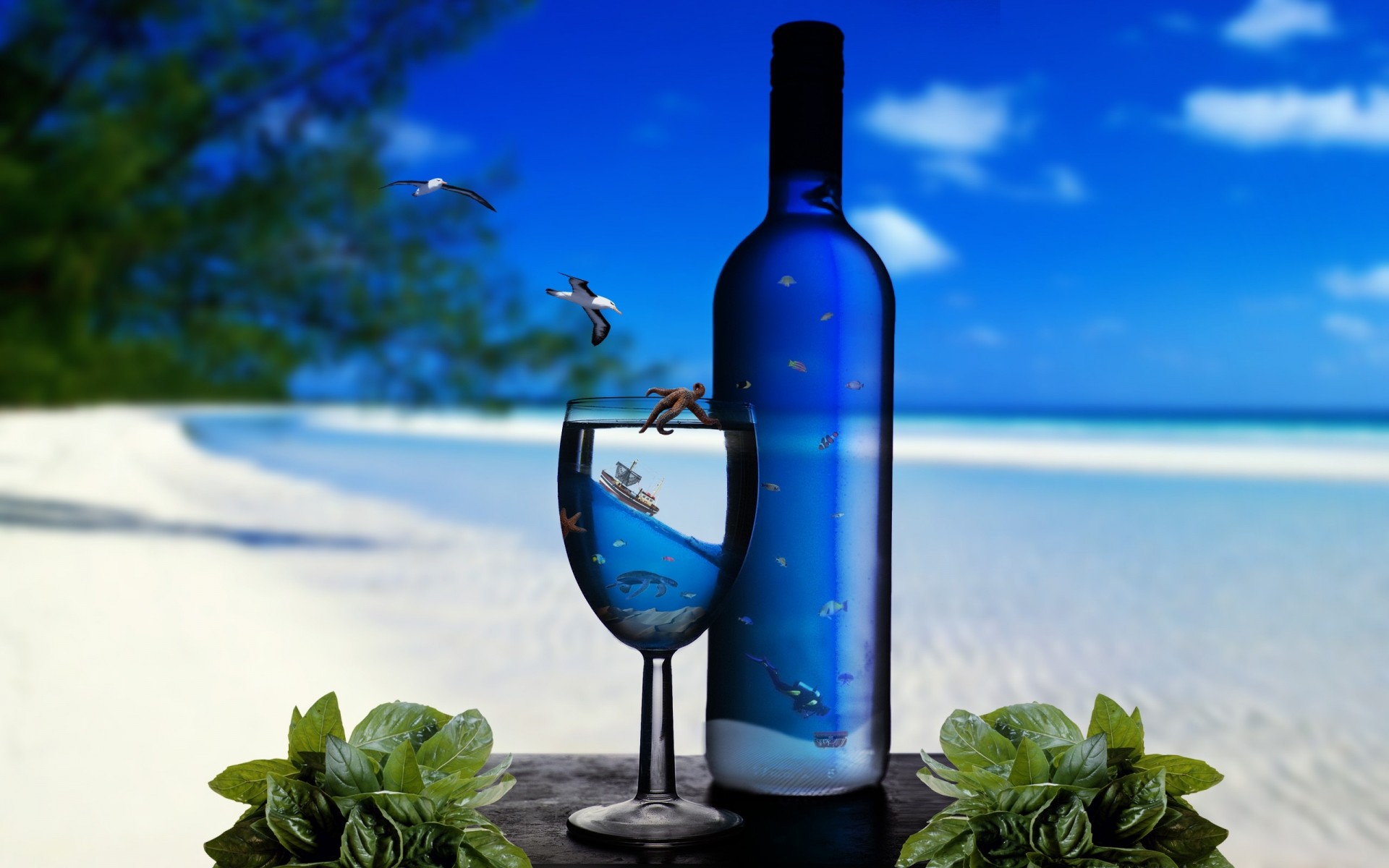 fantasía vino vidrio beber verano botella mar azul