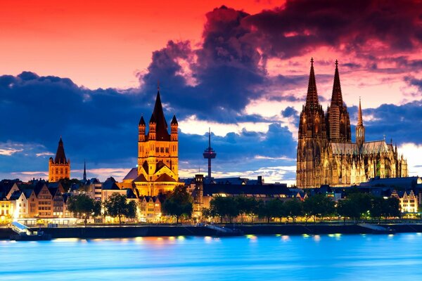 Night lighting of architectural sights of Germany on the embankment