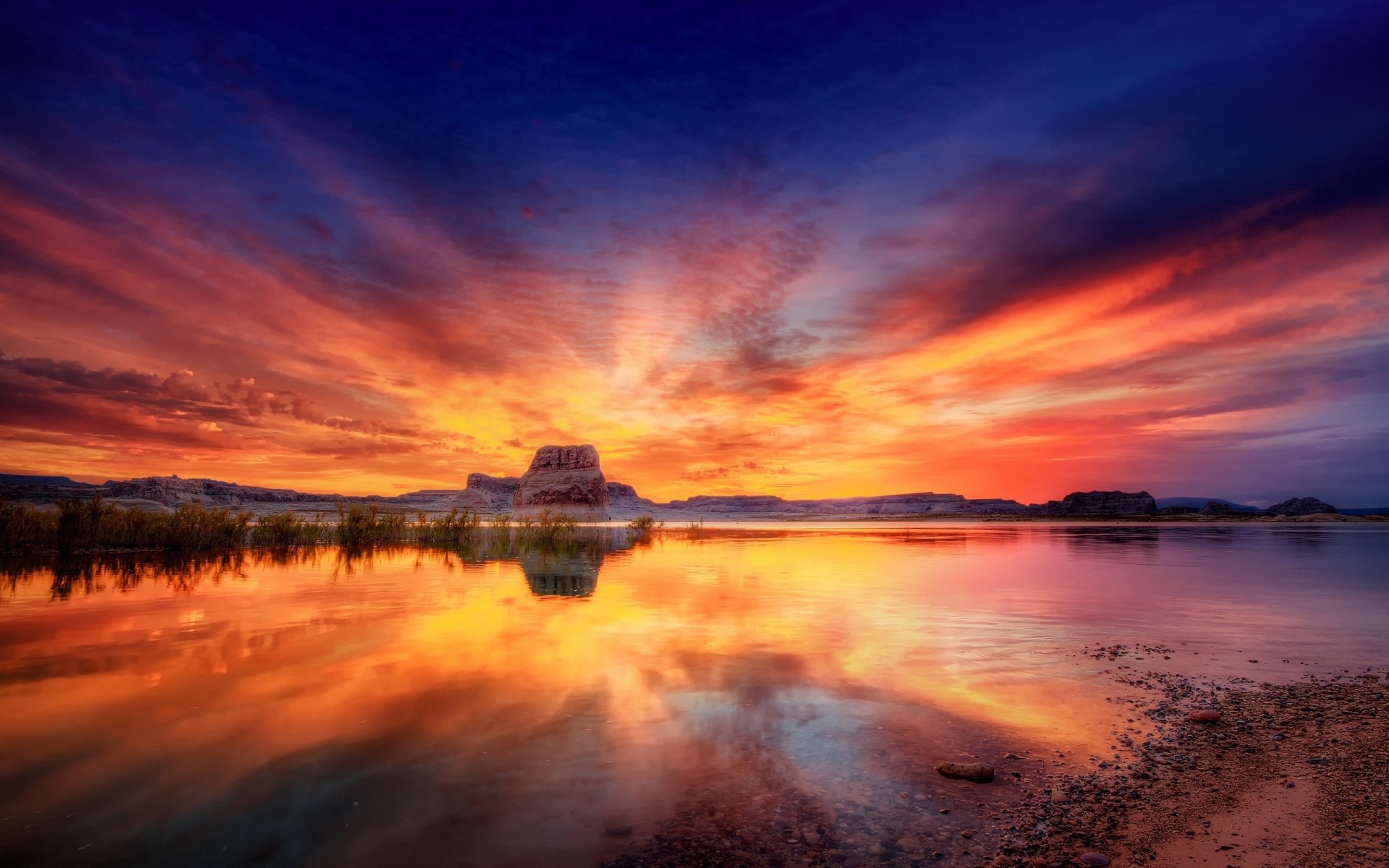 paesaggio tramonto acqua alba crepuscolo riflessione sera cielo paesaggio sole lago pietre