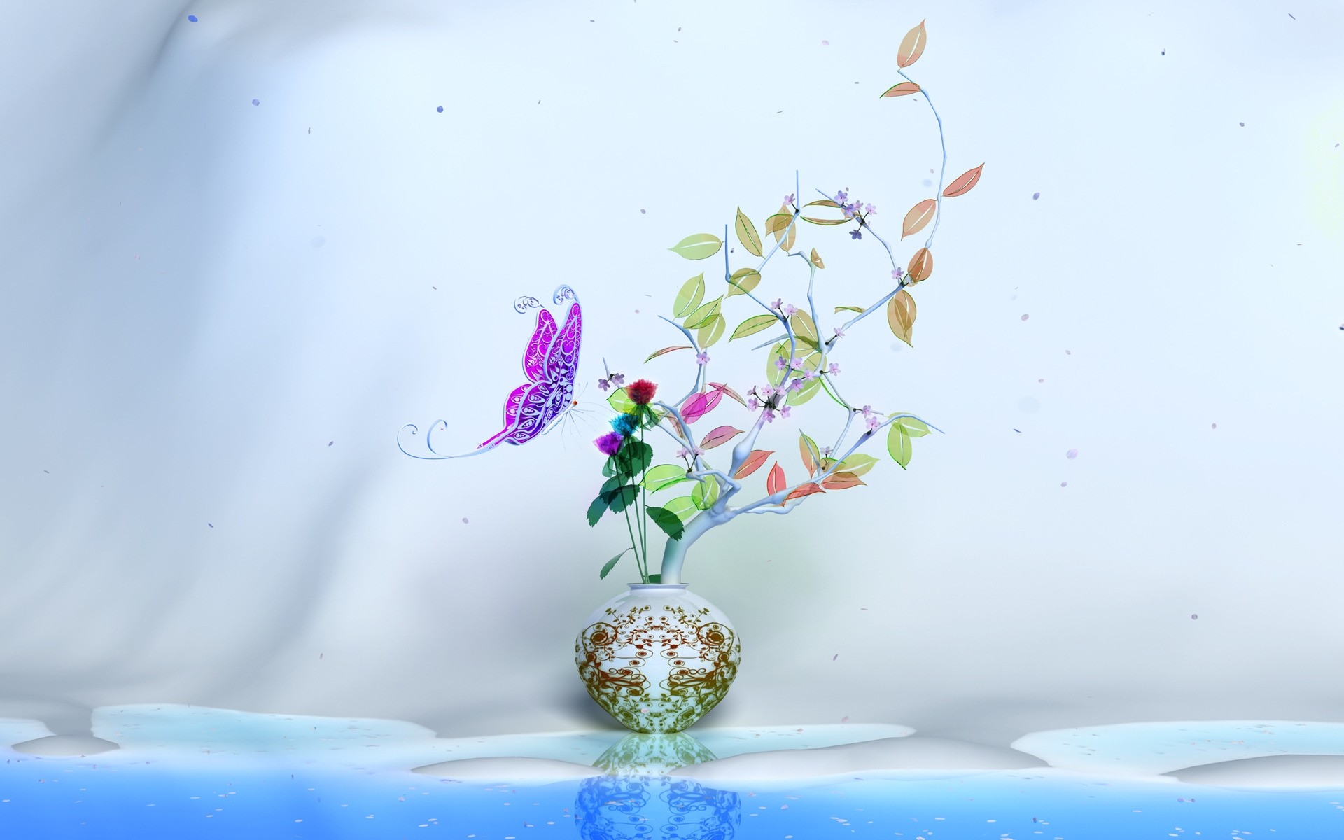 fantasy nature bureau eau fleur décoration couleur goutte bulle 3d papillon