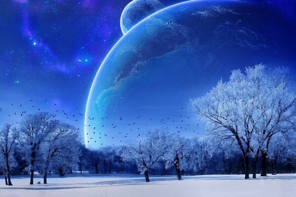 Winter landscape with a cosmic sky