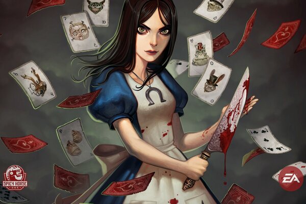 A girl with a knife on a background of playing cards