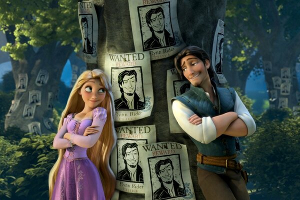 A picture from the cartoon Rapunzel near a tree with ads