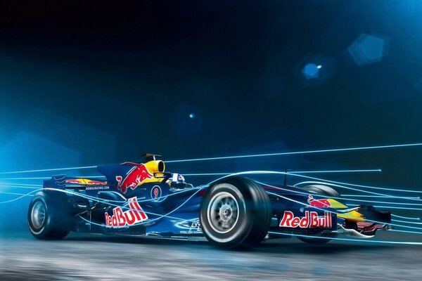 Ein Rennwagen mit Red-Bull-Symbolen im blauen Licht