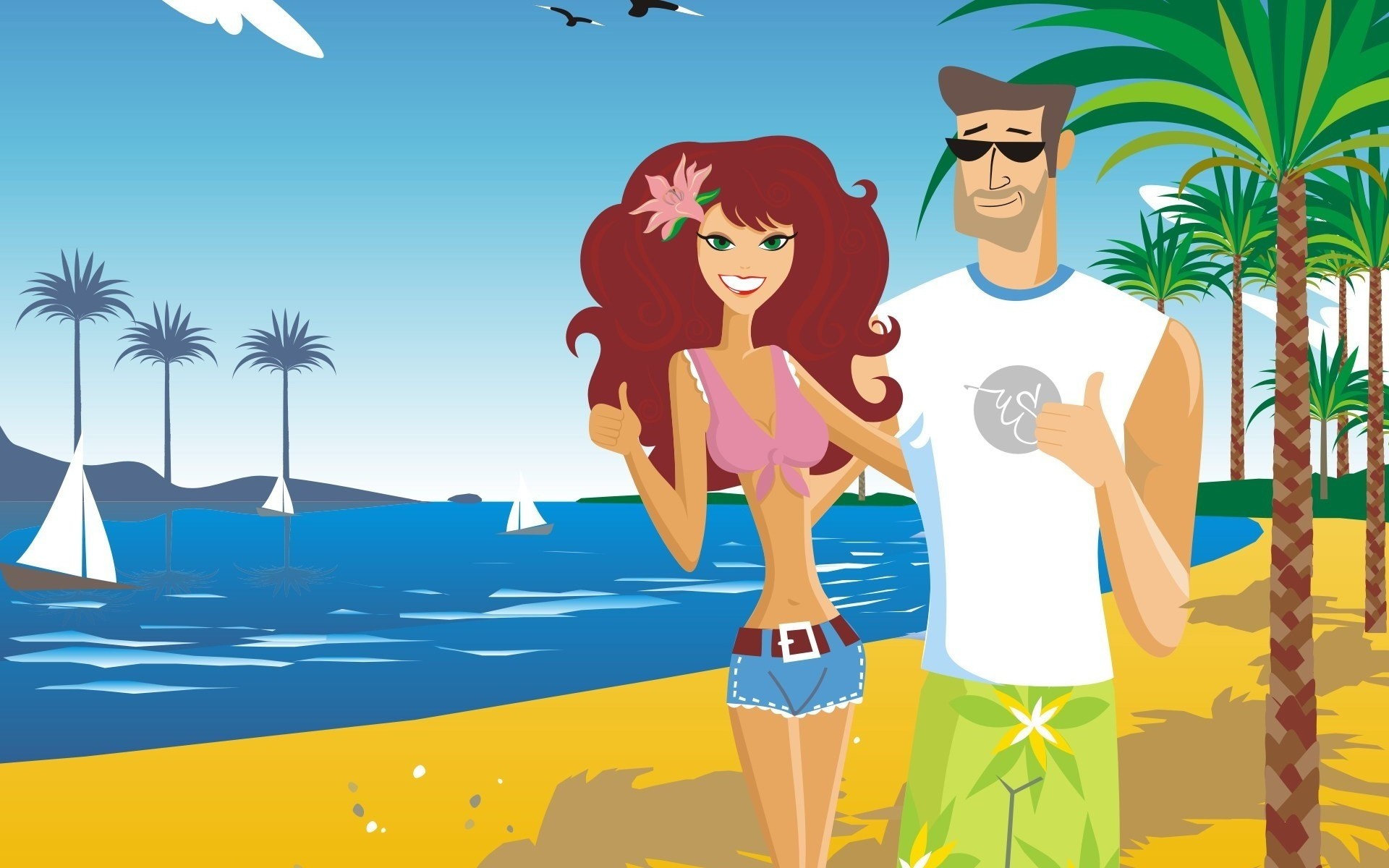 drawings spiaggia palma sabbia tropicale estate sole mare mare vacanza oceano viaggi acqua illustrazione relax isola cielo resort vettore donna vacanza ragazzo ragazza figura anime cartone animato