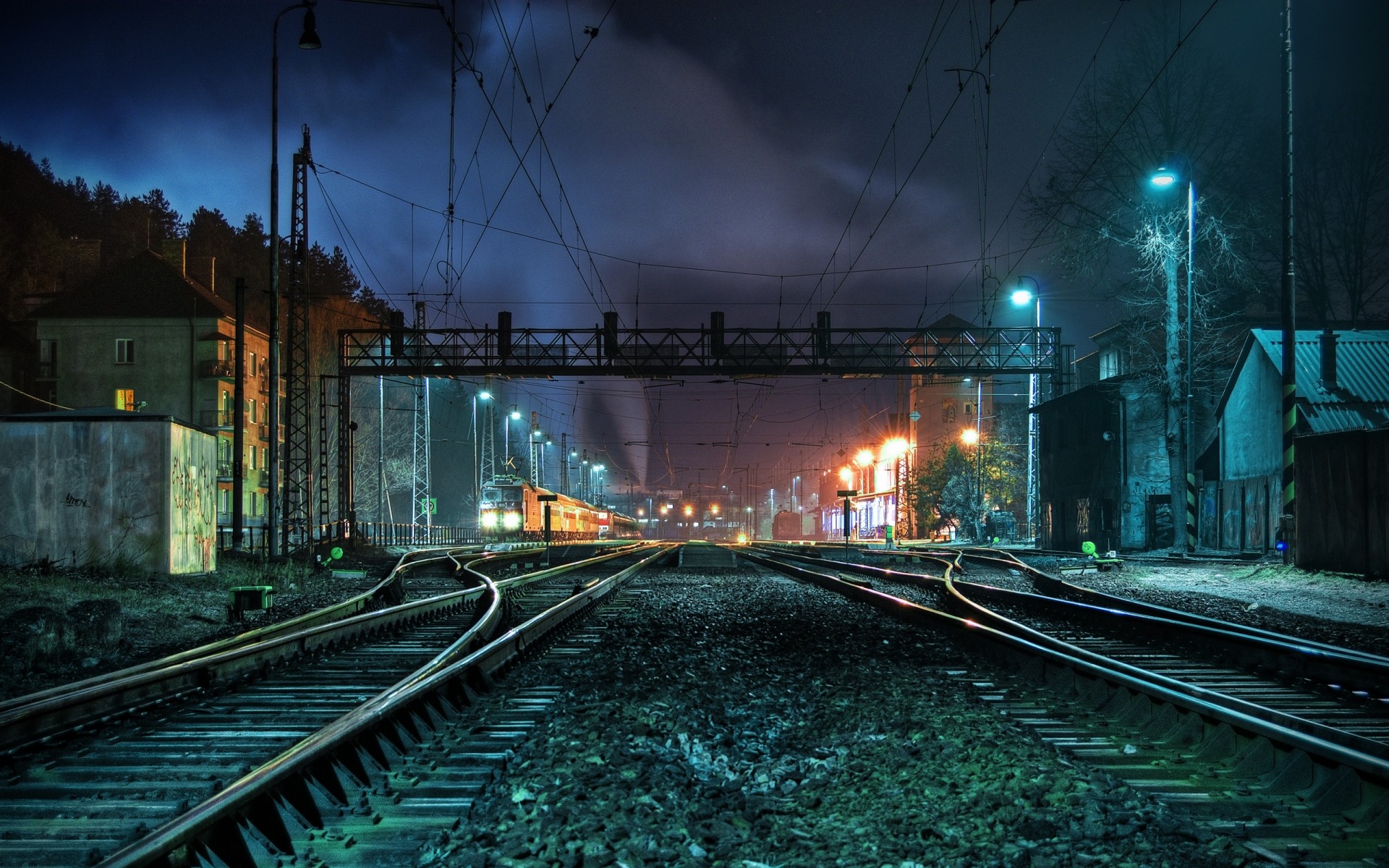 photo manipulation train railway transportation system station dark light steel engine line tube travel urban track platform guidance traffic iron perspective