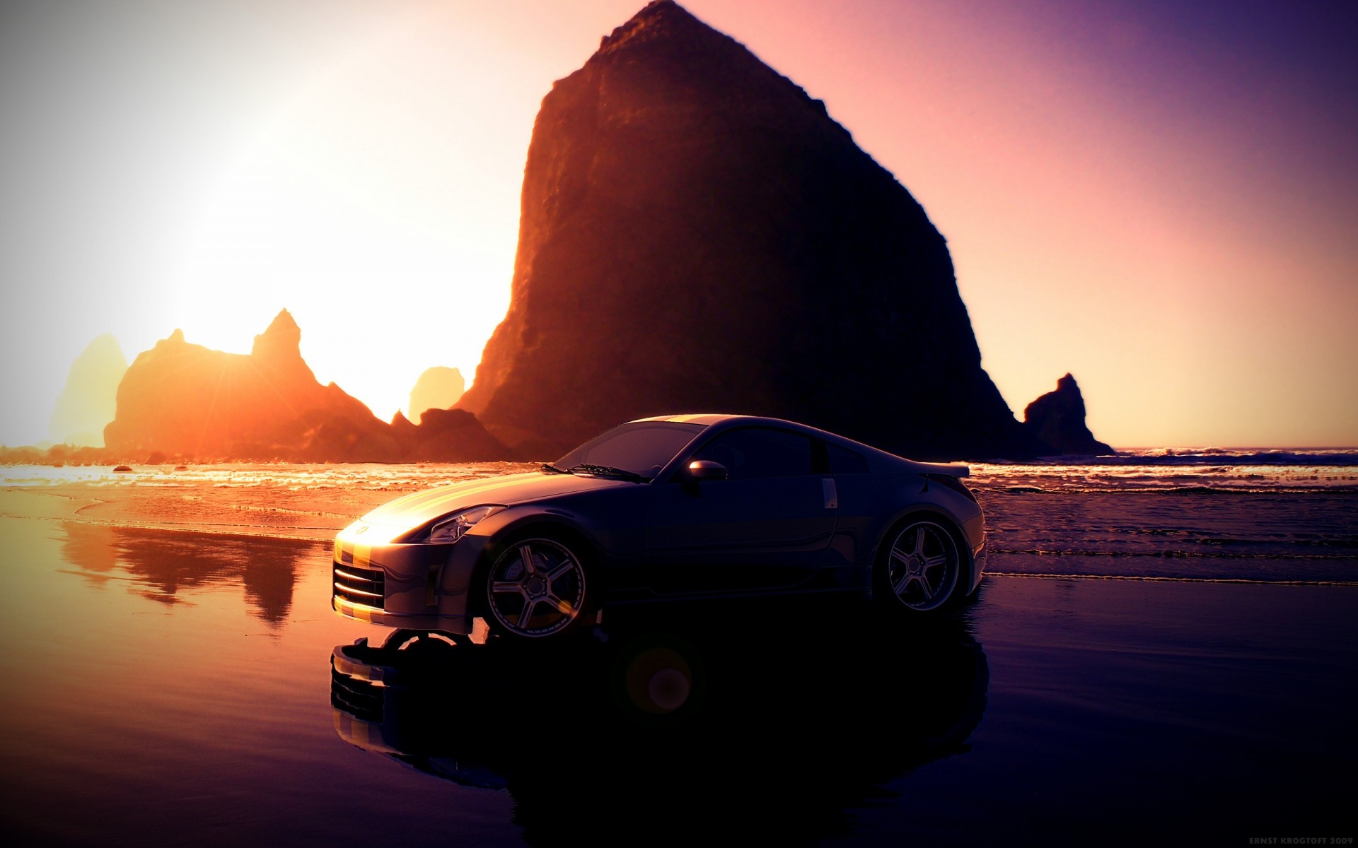 nissan pôr do sol praia água oceano mar viagens sol crepúsculo mar amanhecer reflexão céu noite carro areia paisagem luz nissan 350z