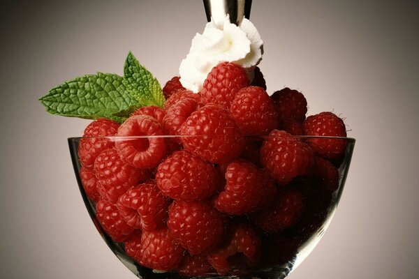 Köstliches Dessert aus Himbeeren in einem transparenten Teller