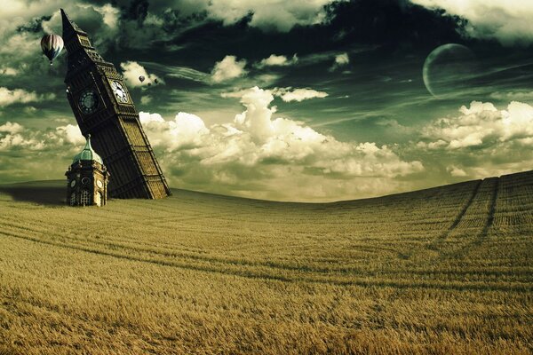 Big Ben clock in a field against a cloudy sky