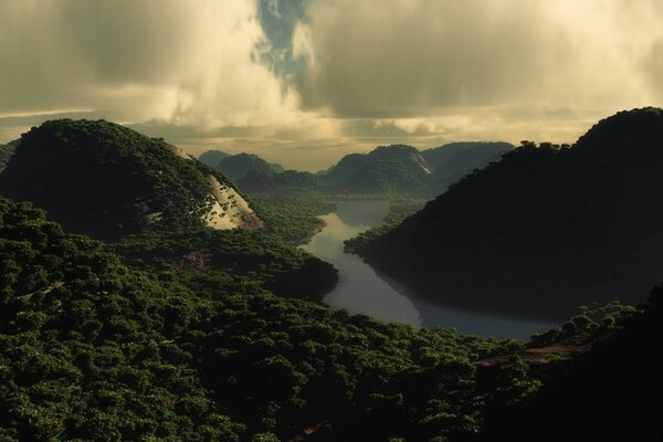 Un lago de montaña rodeado de niebla