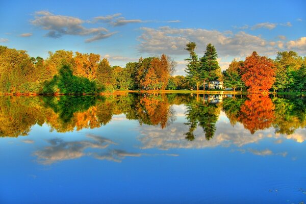 Paisaje de otoño con lago y árboles