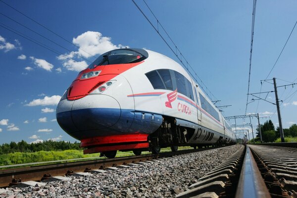 New train on the background of blue sky