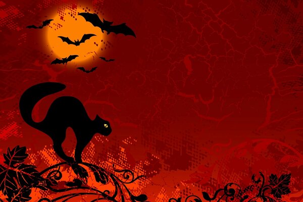 Gatto di Halloween con i pipistrelli