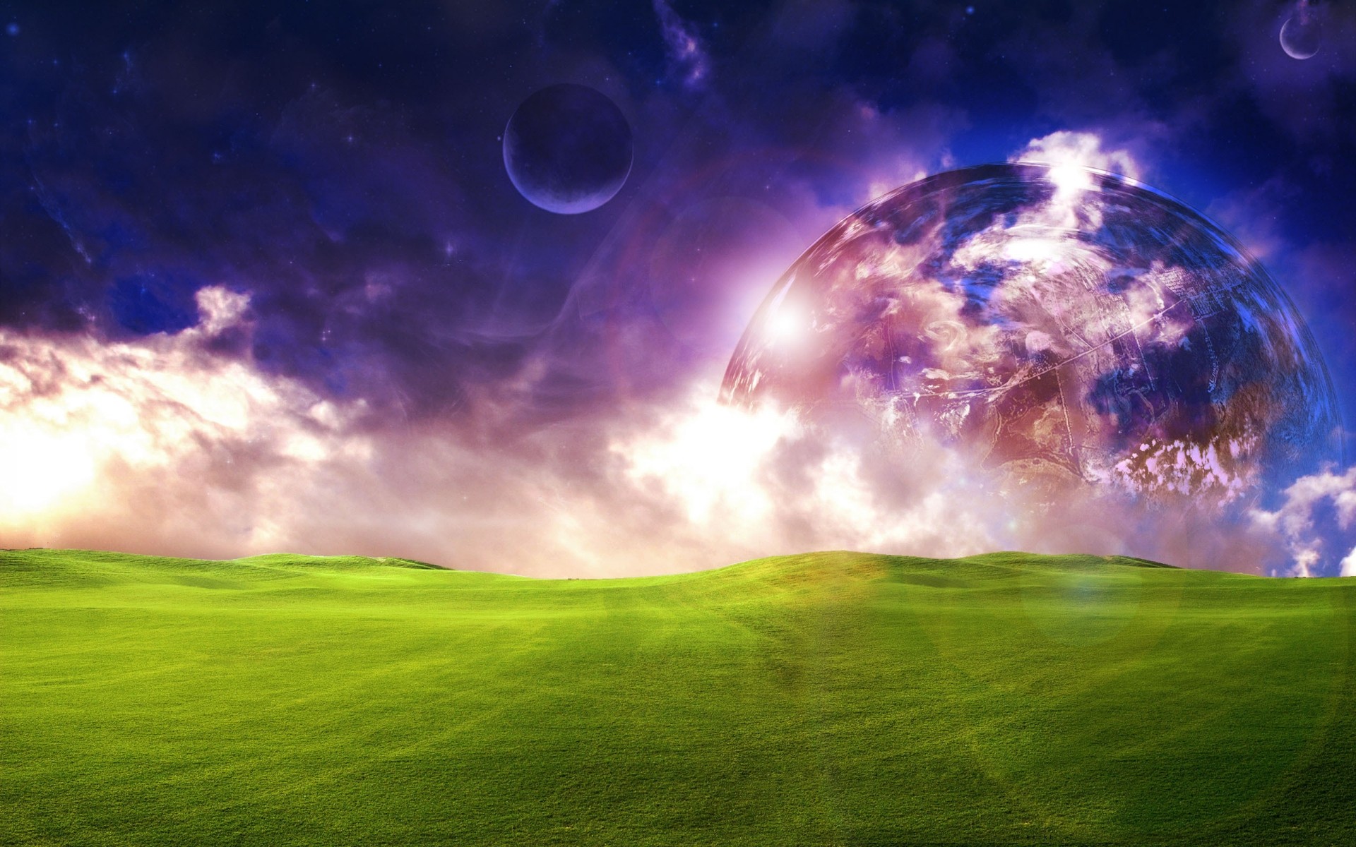 fantasie gras himmel sonne landschaft feld kugelförmig raum heuhaufen astronomie im freien planeten rasen natur golf gutes wetter wolke grün mond landschaft