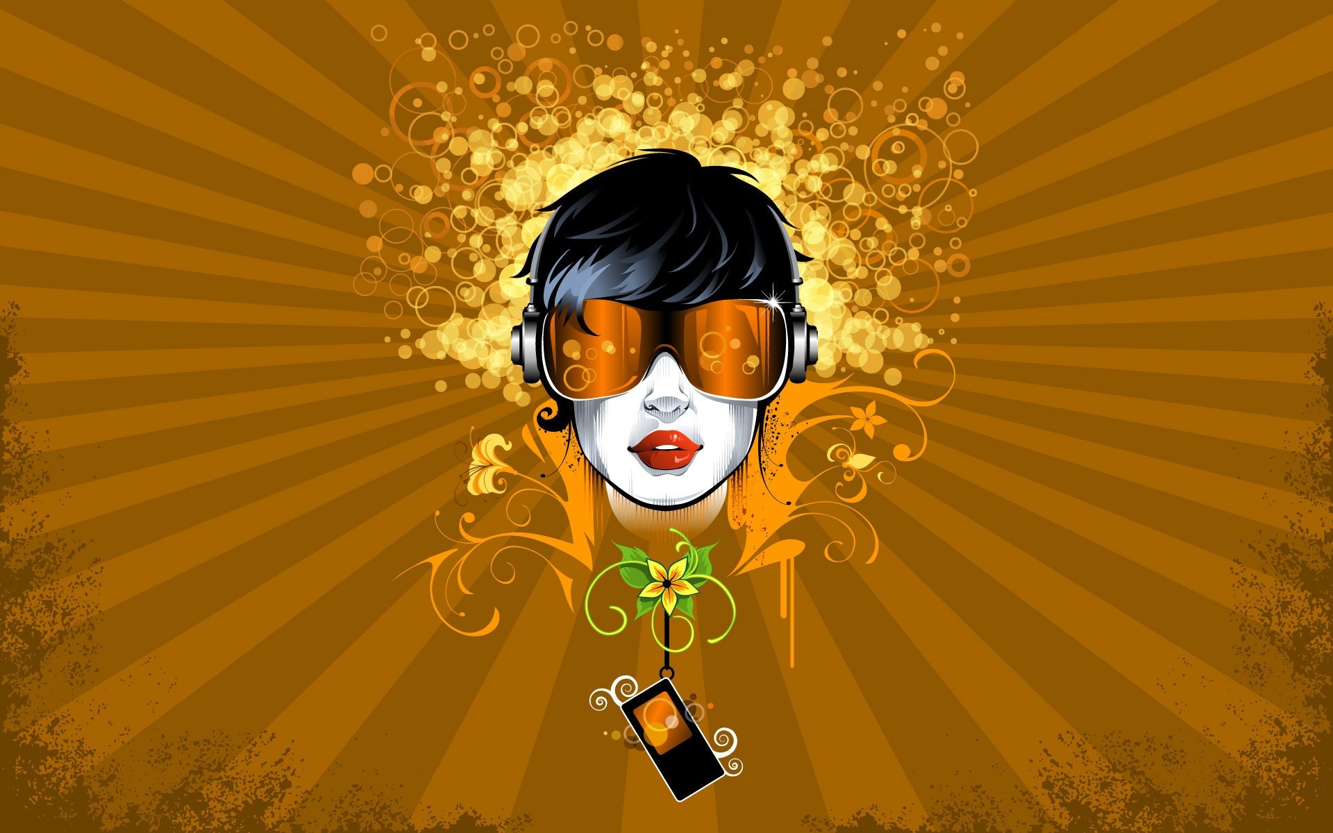 drawings illustration sun art vector gold woman floral lips smile music device