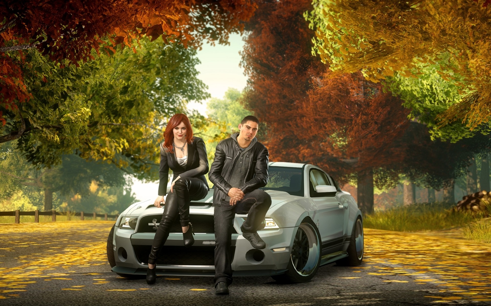 need for speed fille route adulte en plein air femme automne parc arbre voiture paysage belle voyage sam jack jeu ford mustang