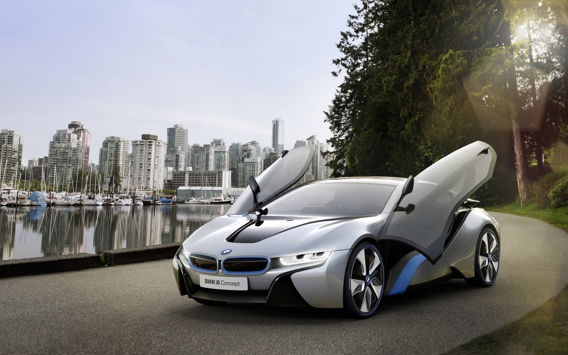 concept cars auto fahrzeug transportsystem bürgersteig asphalt schnell straße räder stadt straße sonnenuntergang bmw i8 concept und bmw concept bmw concept car