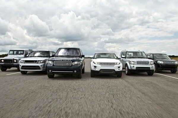 Range Rovers lined up for travel