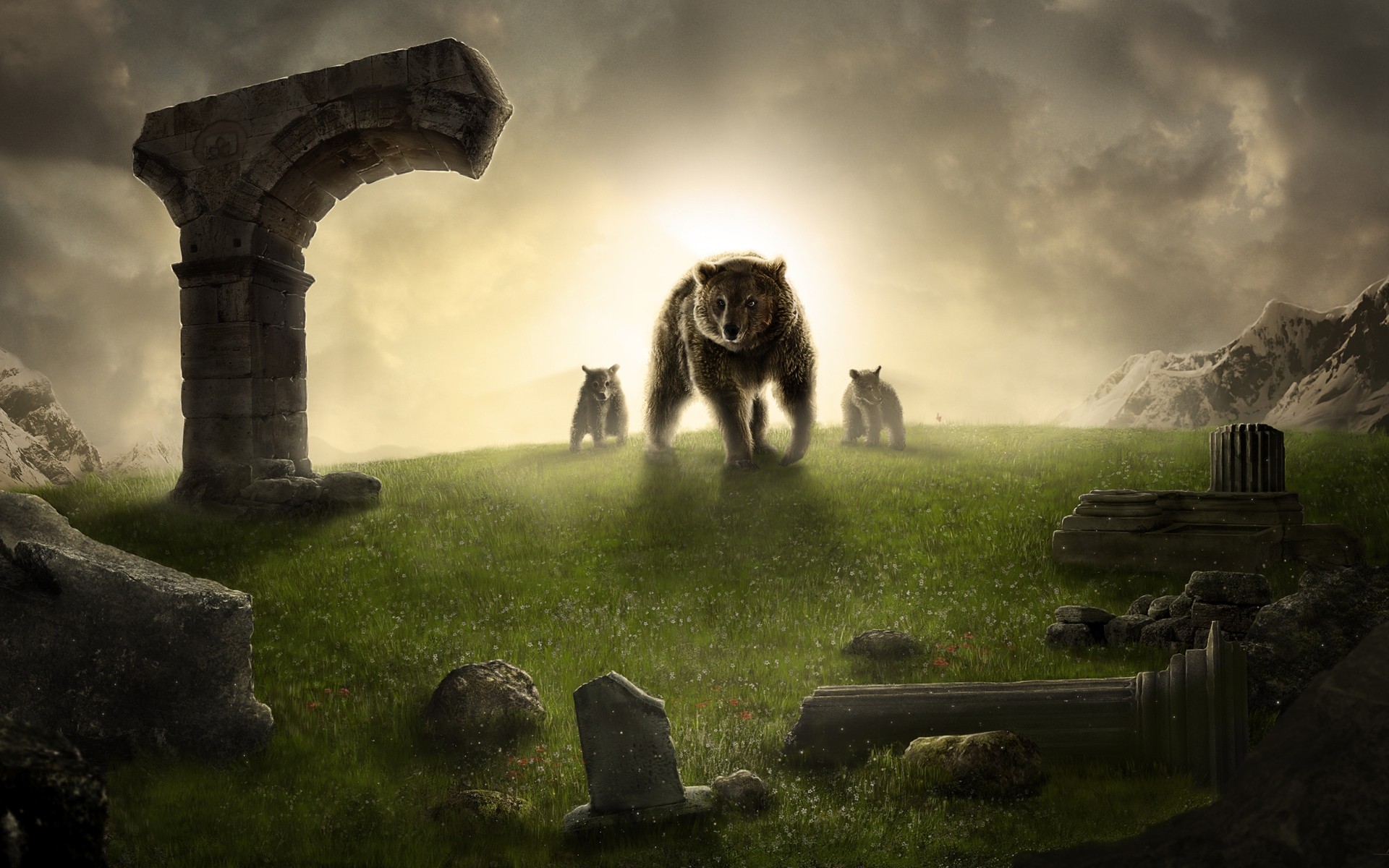 animals grass travel sky outdoors stone landscape nature cemetery architecture ancient bear