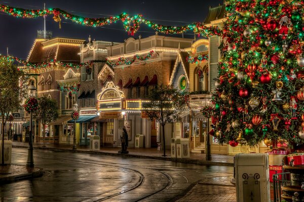 A street decorated with garlands for Christmas