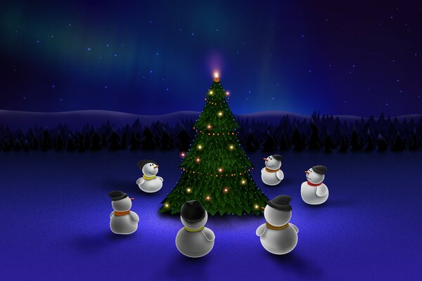 Christmas. Christmas tree. Round dance of snowmen