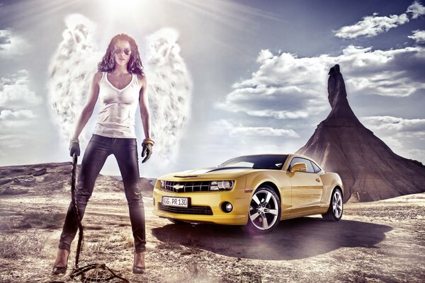 Angel girl in the desert with a car