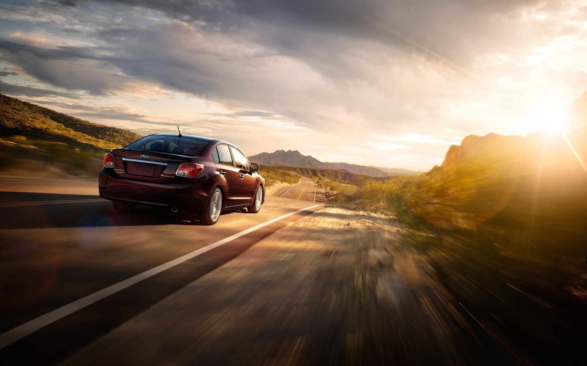 subaru pôr do sol carro estrada borrão asfalto pressa viajar paisagem crepúsculo carro luz amanhecer sistema de transporte