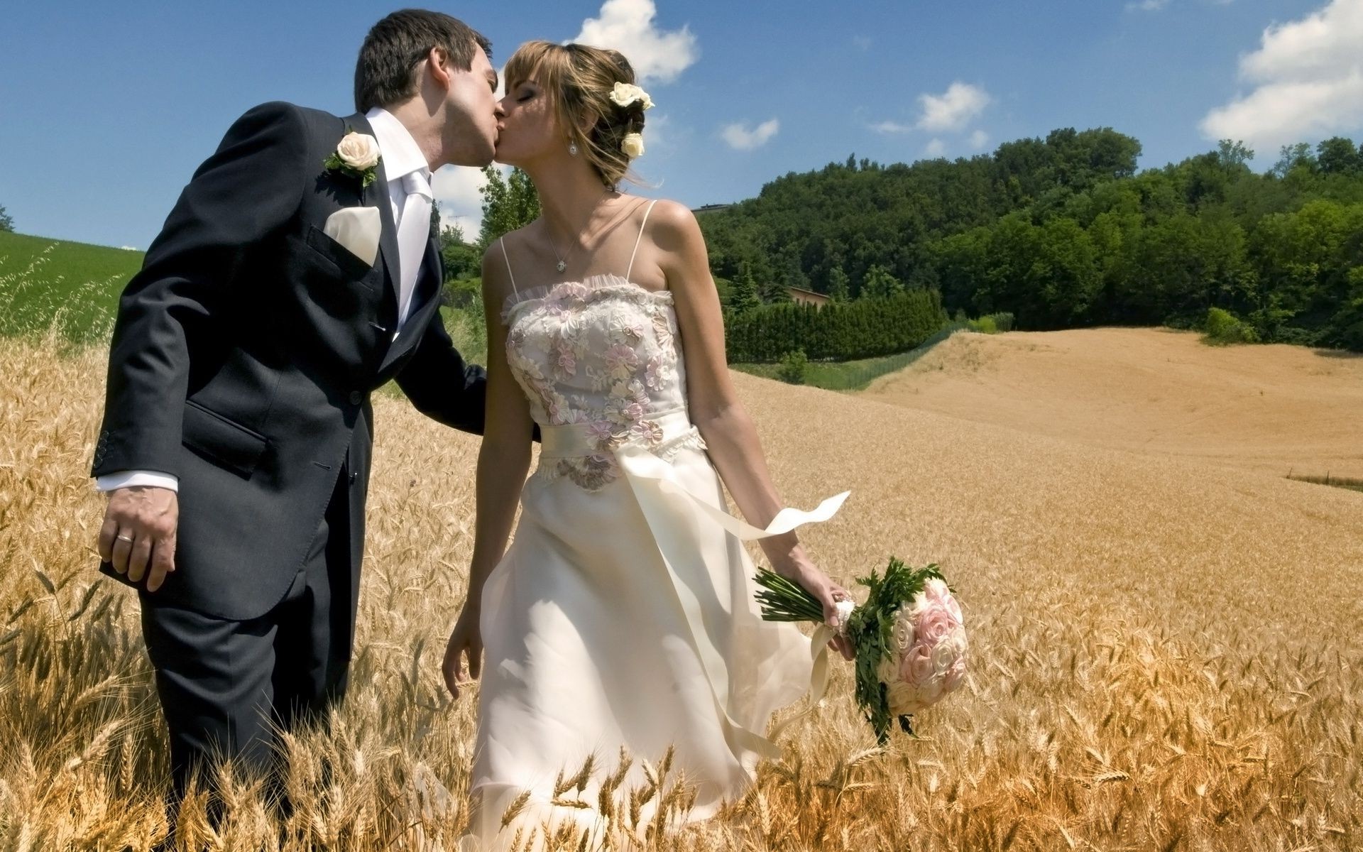 amor y romance novio boda amor romance felicidad novia vestido verano al aire libre velo pareja naturaleza unión alegría mujer trigo dos adulto hierba