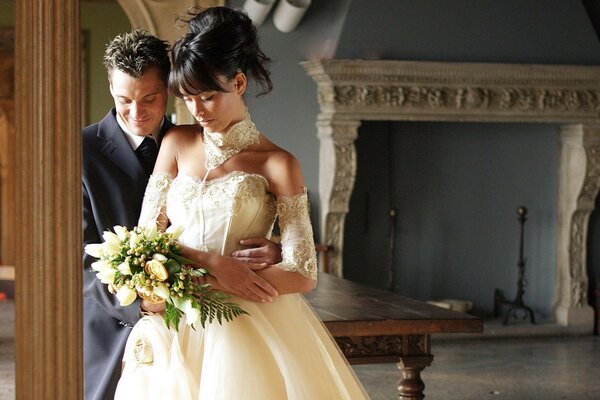 The bride and groom during a wedding photo shoot