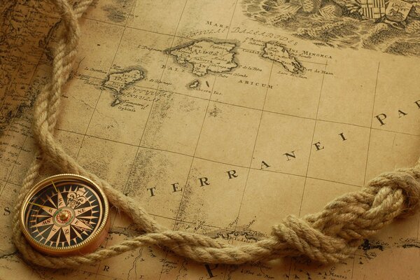 An old nautical chart with a compass