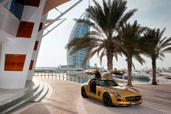 Yellow car with doors opening outwards