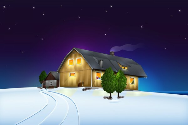 Glowing warm house on a snowy hill