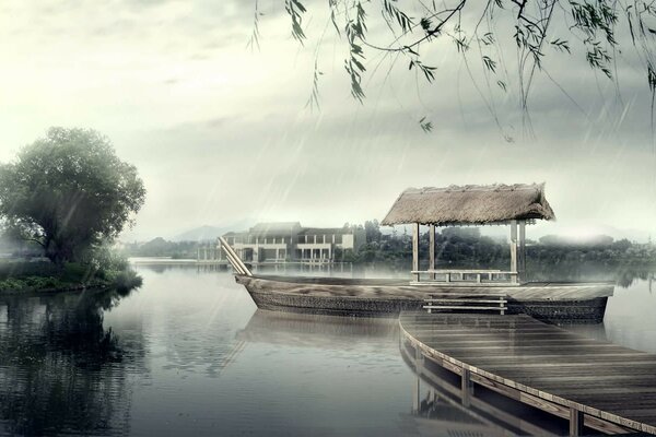 Trees boat rain willow