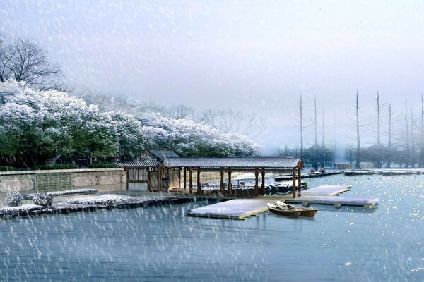 湖雪树船