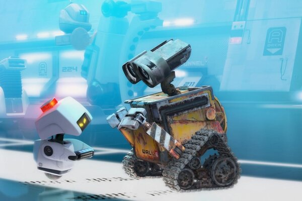 Deux robots de la bande dessinée WALL-E