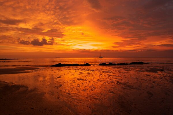 Playa de arena solitaria se encuentra con la puesta de sol