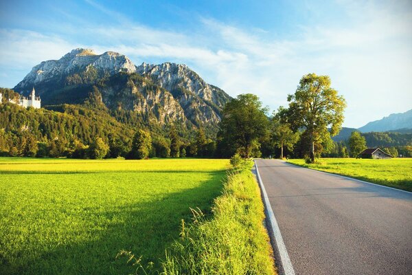 Der Weg in die Berge durch die Frühlingsfelder