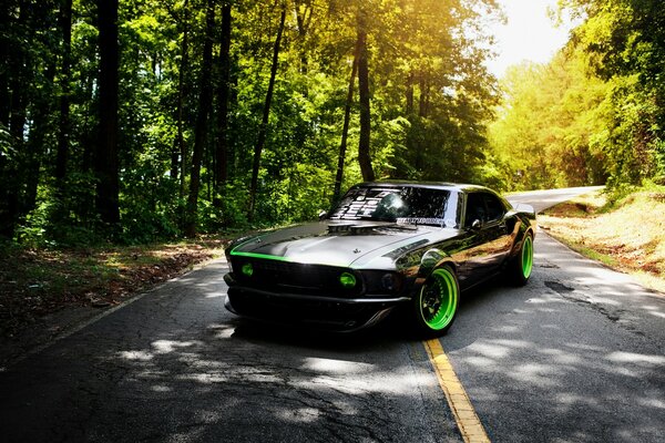 Ford mustang on green disks against a forest background