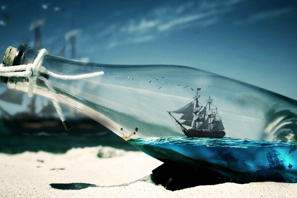 Fotografía de un barco en el océano en una botella