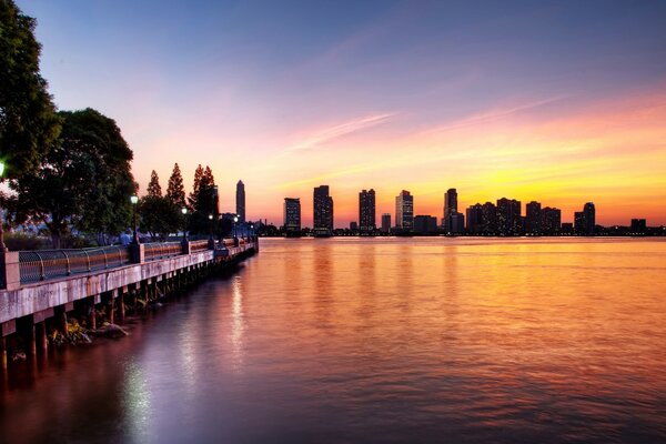 A bright sunset over the water