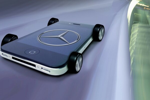 iPhone on wheels with the Mercedes logo