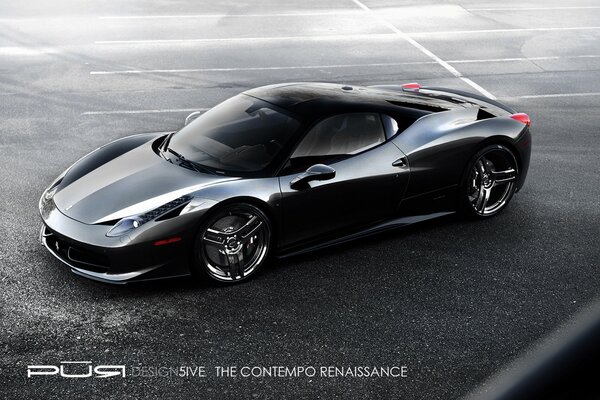 A Ferrari car standing on a gray asphalt road