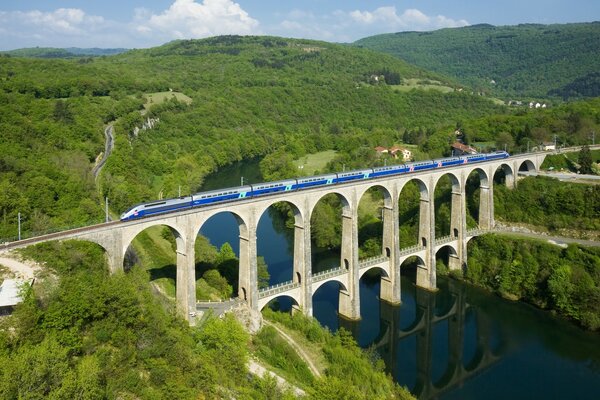 Tren en marcha sobre el puente sobre el agua