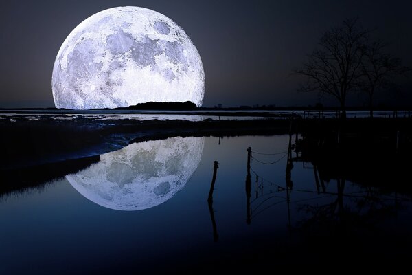 Reflection of a huge moon in the water