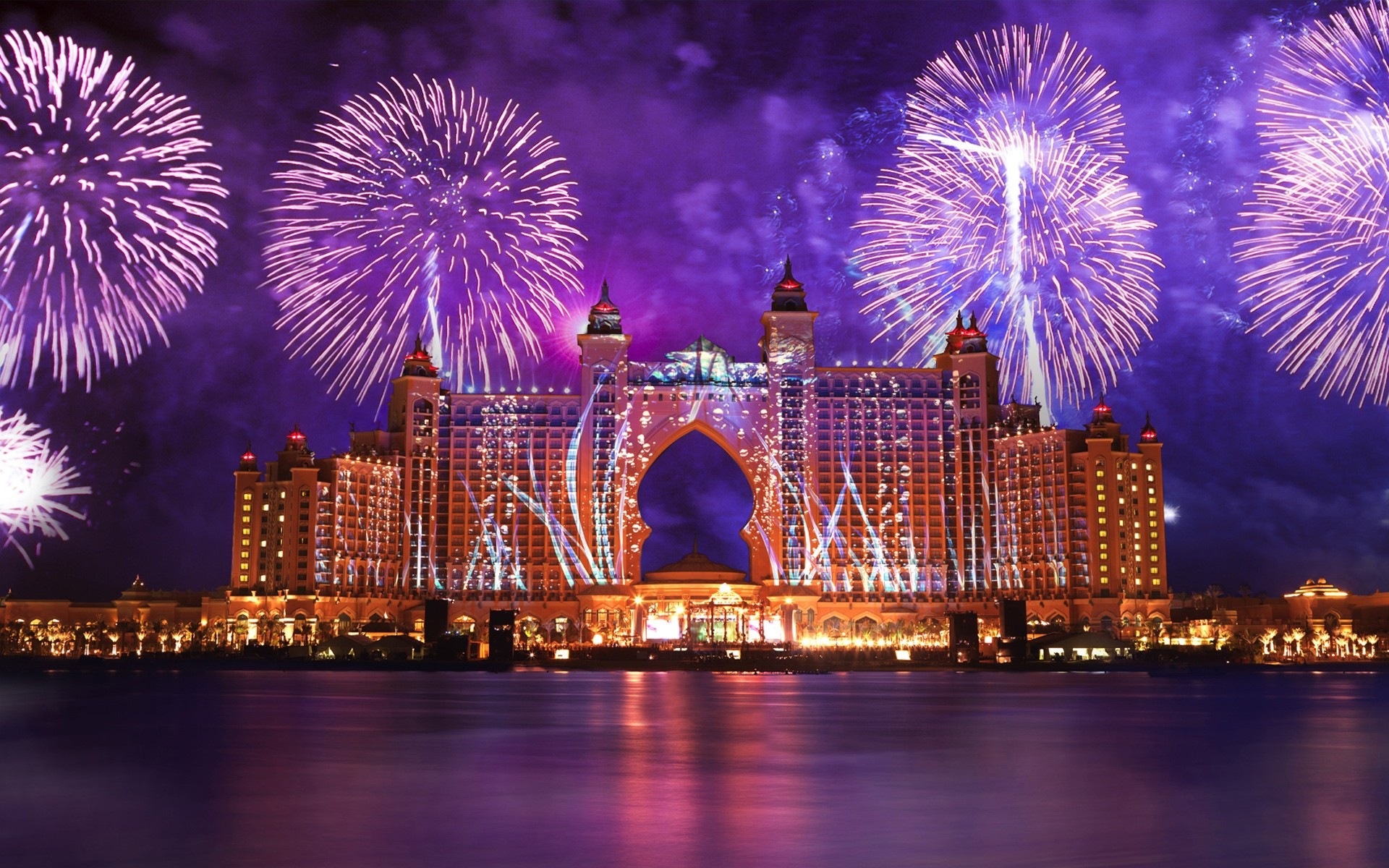 emirati arabi uniti festival luce sera casa città architettura fuochi d artificio acqua fiume illuminato crepuscolo viaggi riflessione vacanza cielo partito grattacielo ponte città dubai palm jumeirah lusso resort