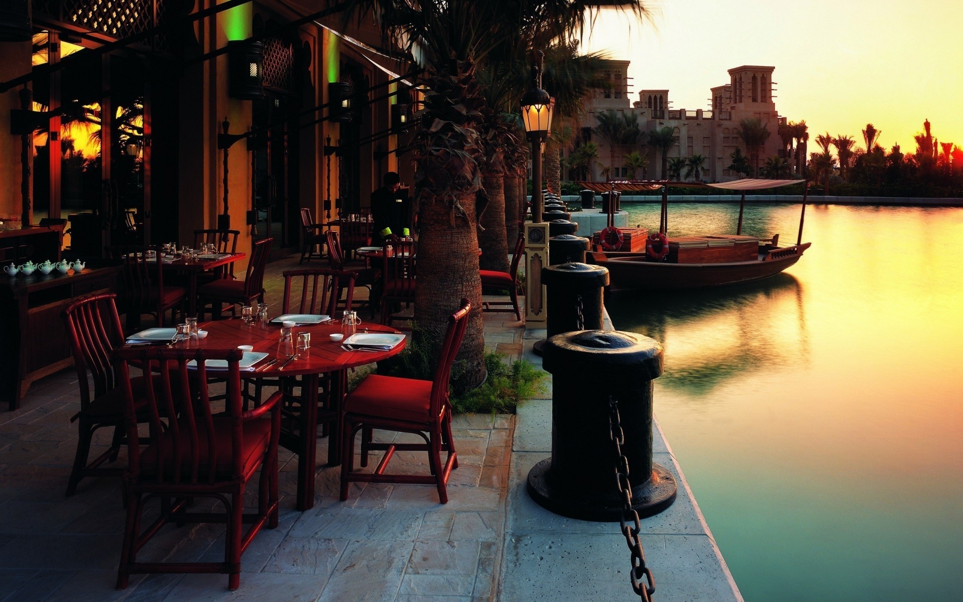 united arab emirates restaurant table travel bar chair hotel seat furniture water evening architecture