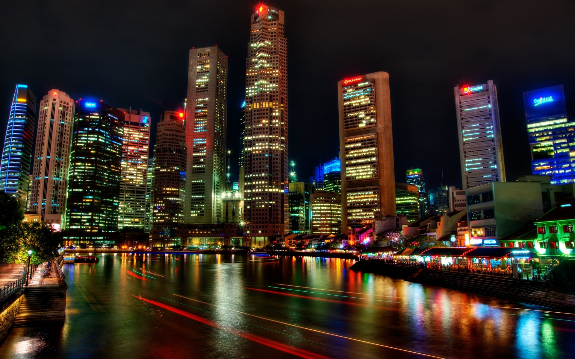 other city city skyscraper cityscape downtown skyline architecture building dusk urban evening finance business office travel reflection tower illuminated river modern bridge asia lights