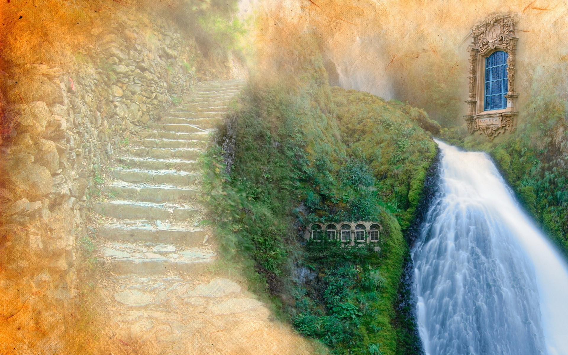 fantasie im freien natur wasser herbst reisen holz sommer blatt retro kaskade treppen hintergrund