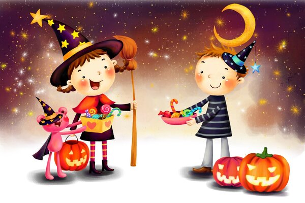 A picture of a Halloween holiday with children giving gifts to each other