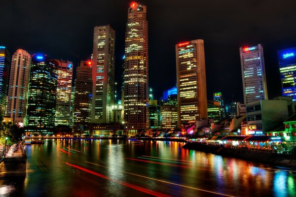 A city of skyscrapers in multicolored lights